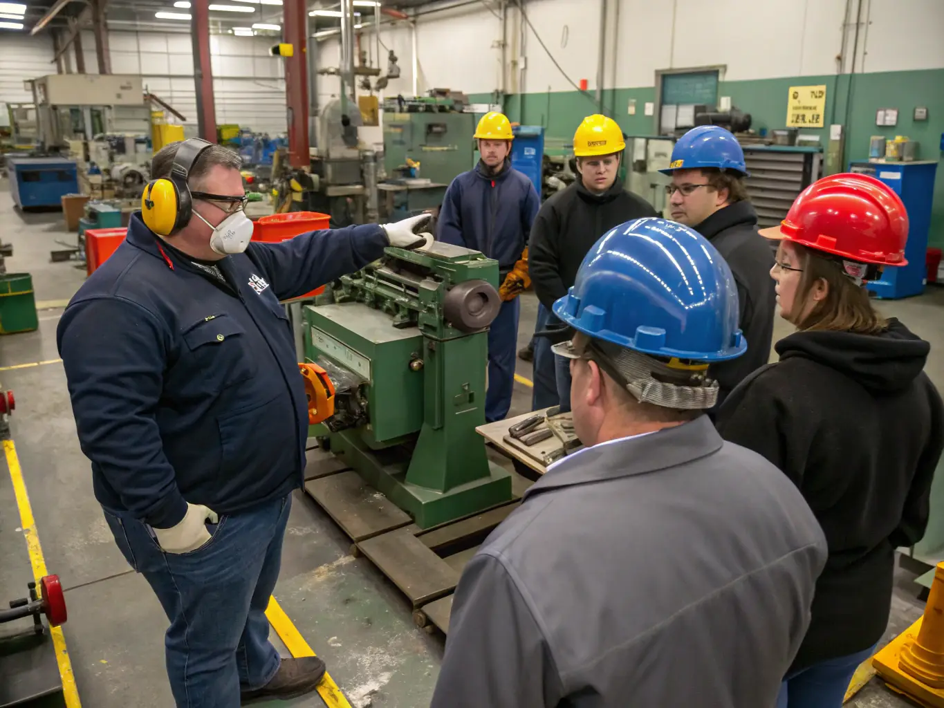 A diverse group of manufacturing professionals actively participating in a quality assurance training session, focusing on hands-on exercises and collaborative problem-solving.