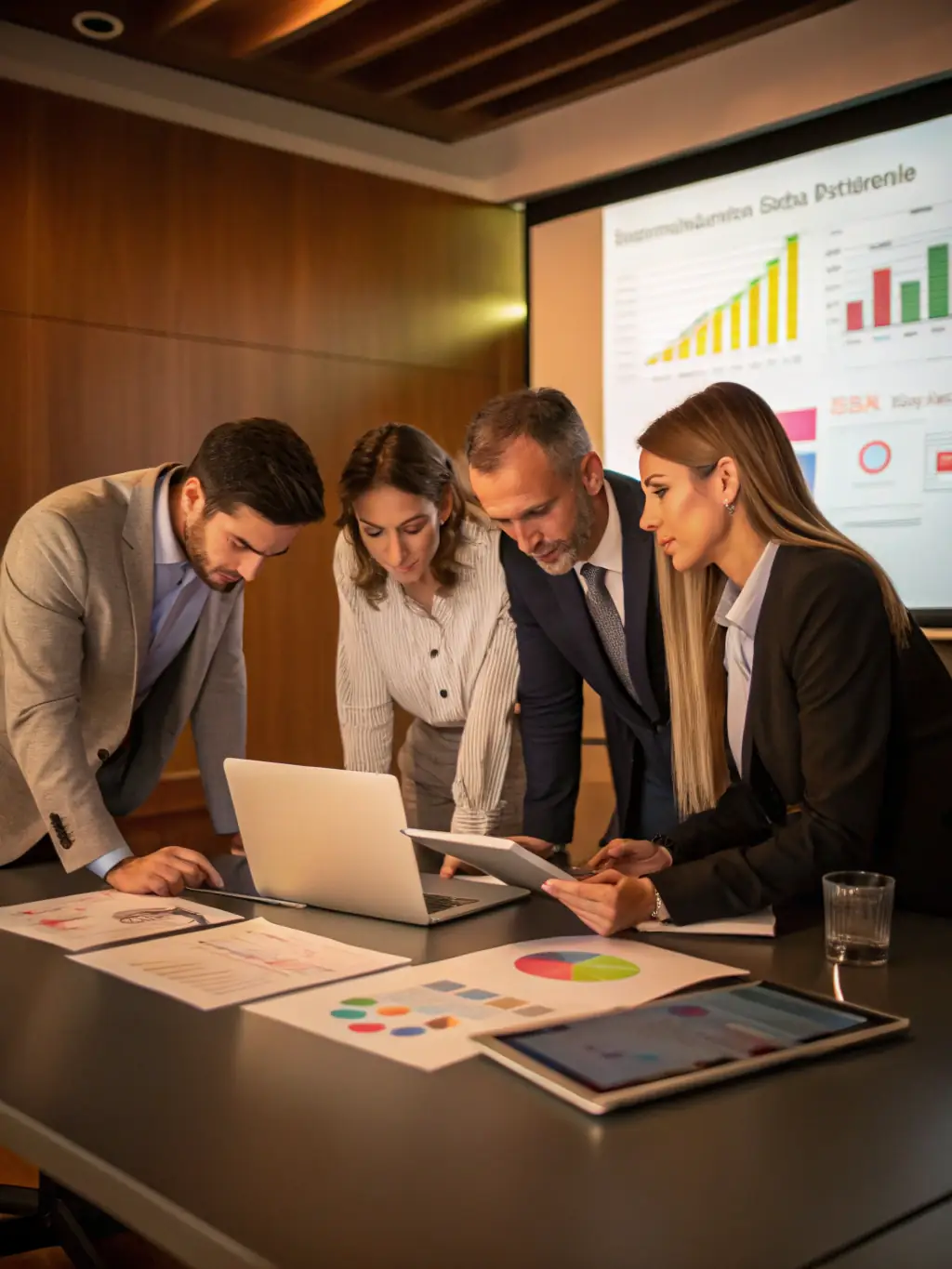 A diverse team of manufacturing professionals collaborating on a process improvement project, using lean manufacturing principles.