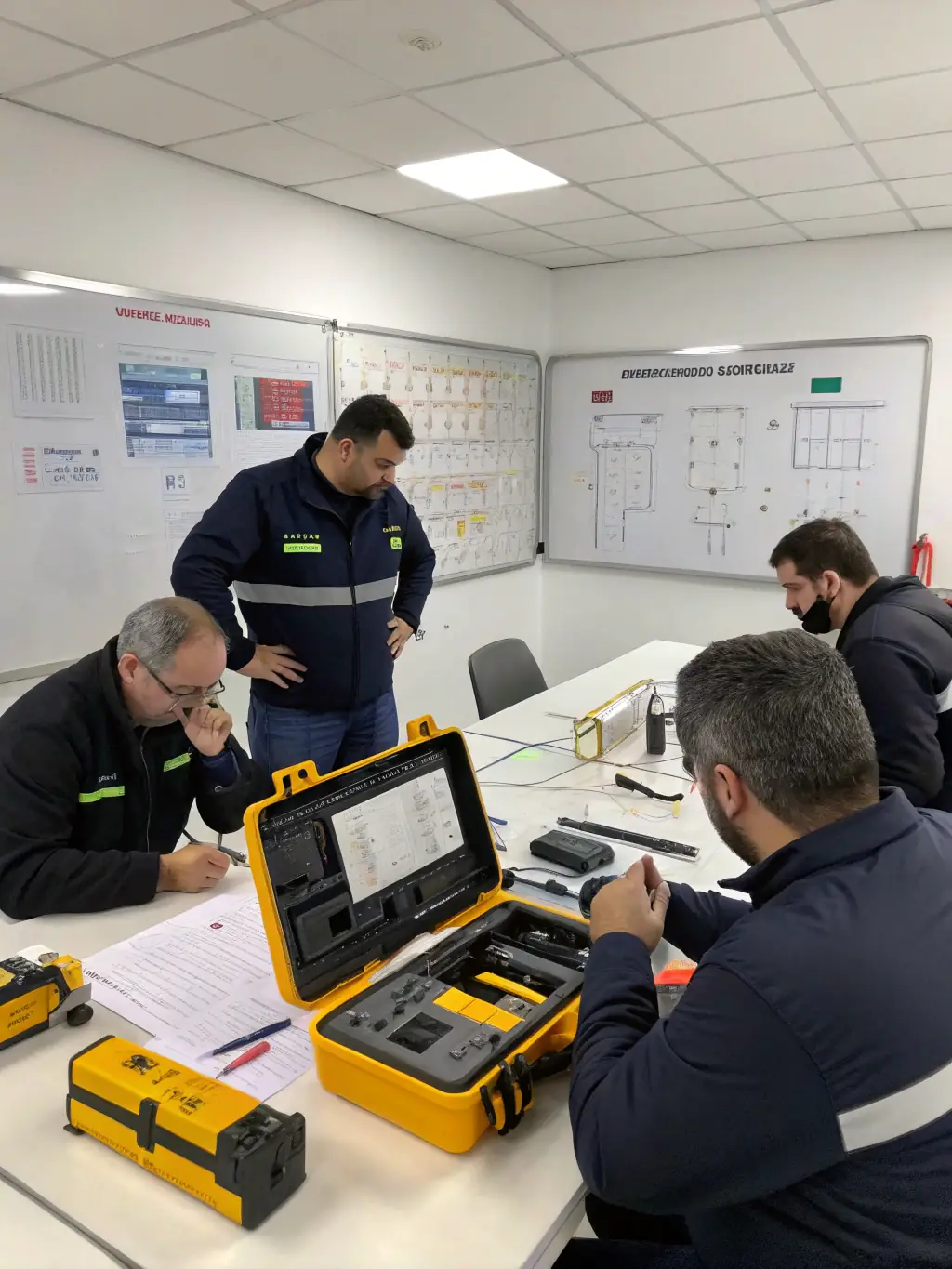 A group of manufacturing engineers participating in a quality control workshop, focusing on root cause analysis techniques.